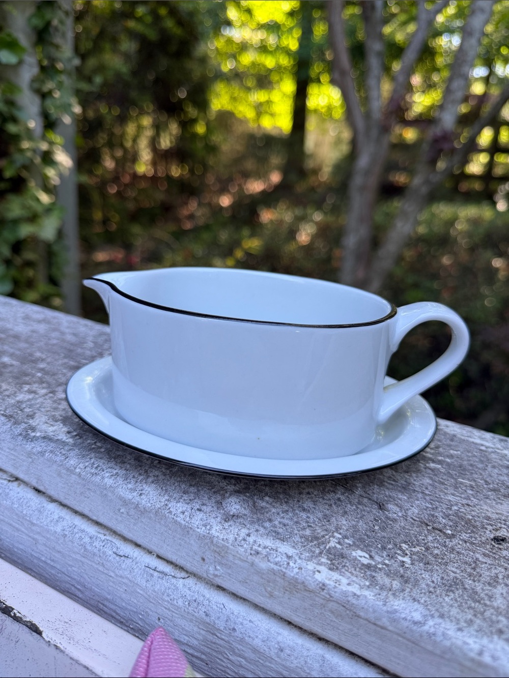 Dansk White Porcelain Gravy Boat with Black Rim and Underplate